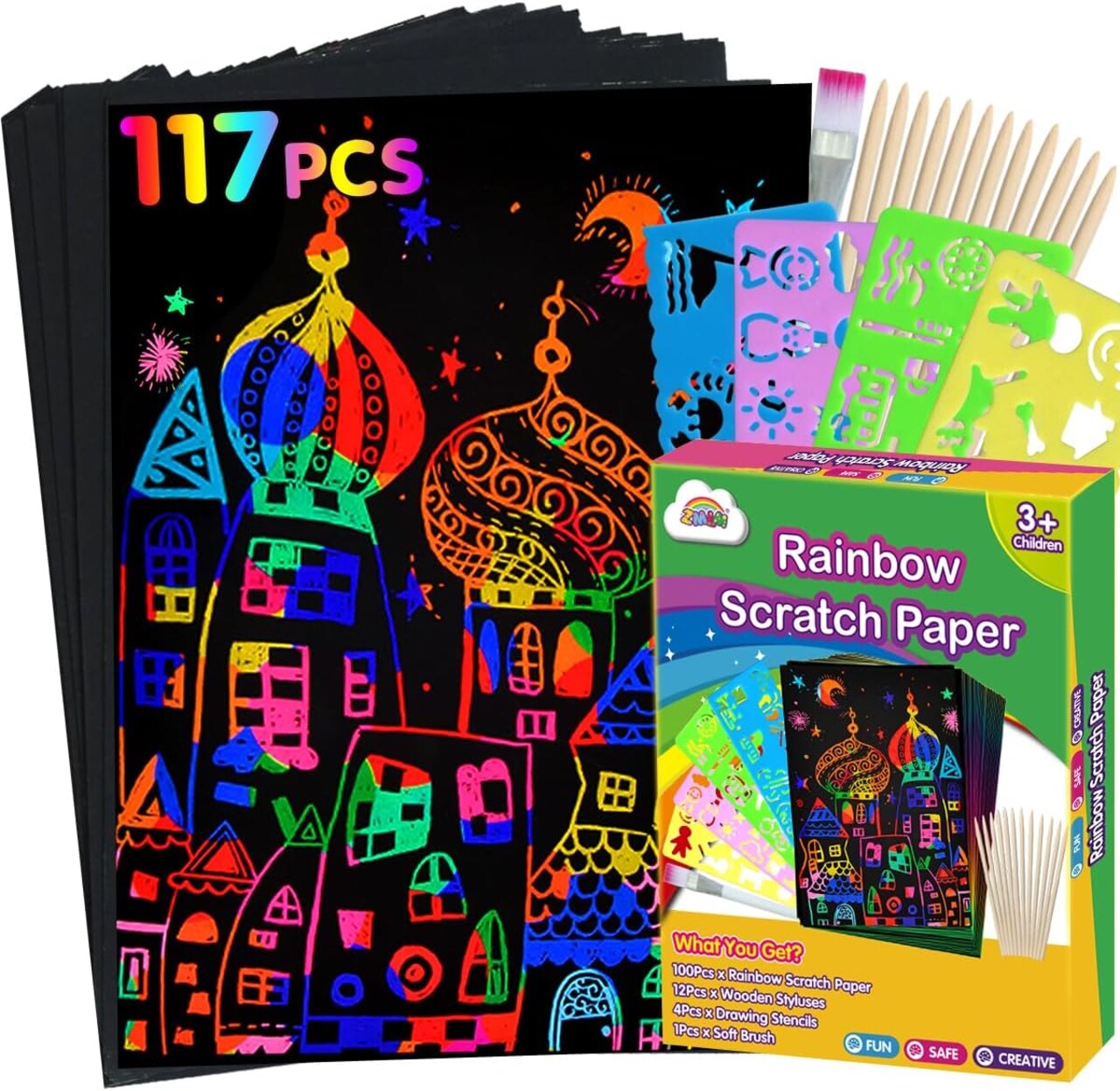 117-Piece Rainbow Scratch Paper Art Kit for Kids – DIY Magic Drawing Pads with Styluses & Stencils, Birthday, Christmas, and Party Favors (Green-Castle)